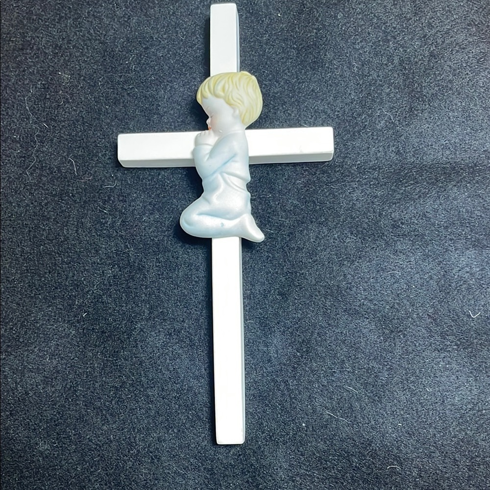 White ceramic Cross with Praying Child